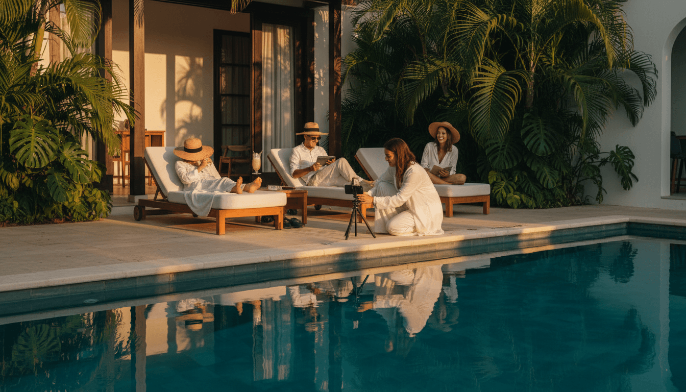 A vibrant, high-contrast lifestyle aesthetic wide shot of a boutique hotel pool area during golden hour