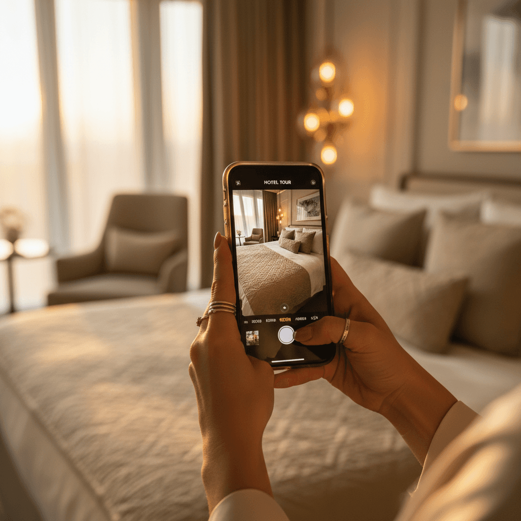 Content creator filming luxury hotel room on smartphone
