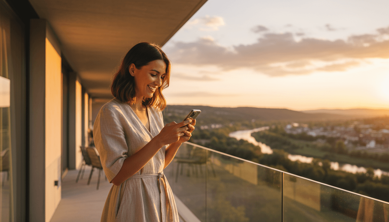 Hotel guest smiling while viewing booking confirmation on phone during golden hour
