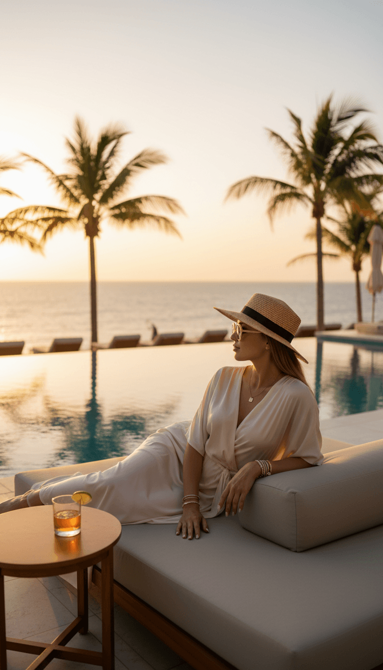 Influencer relaxing at a luxury resort pool during golden hour, ocean view.