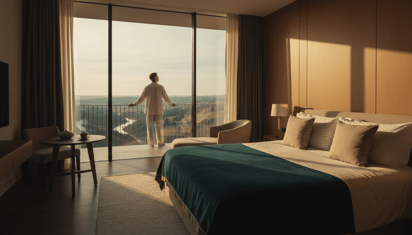 Traveler enjoying a serene moment in a luxury boutique hotel room during golden hour