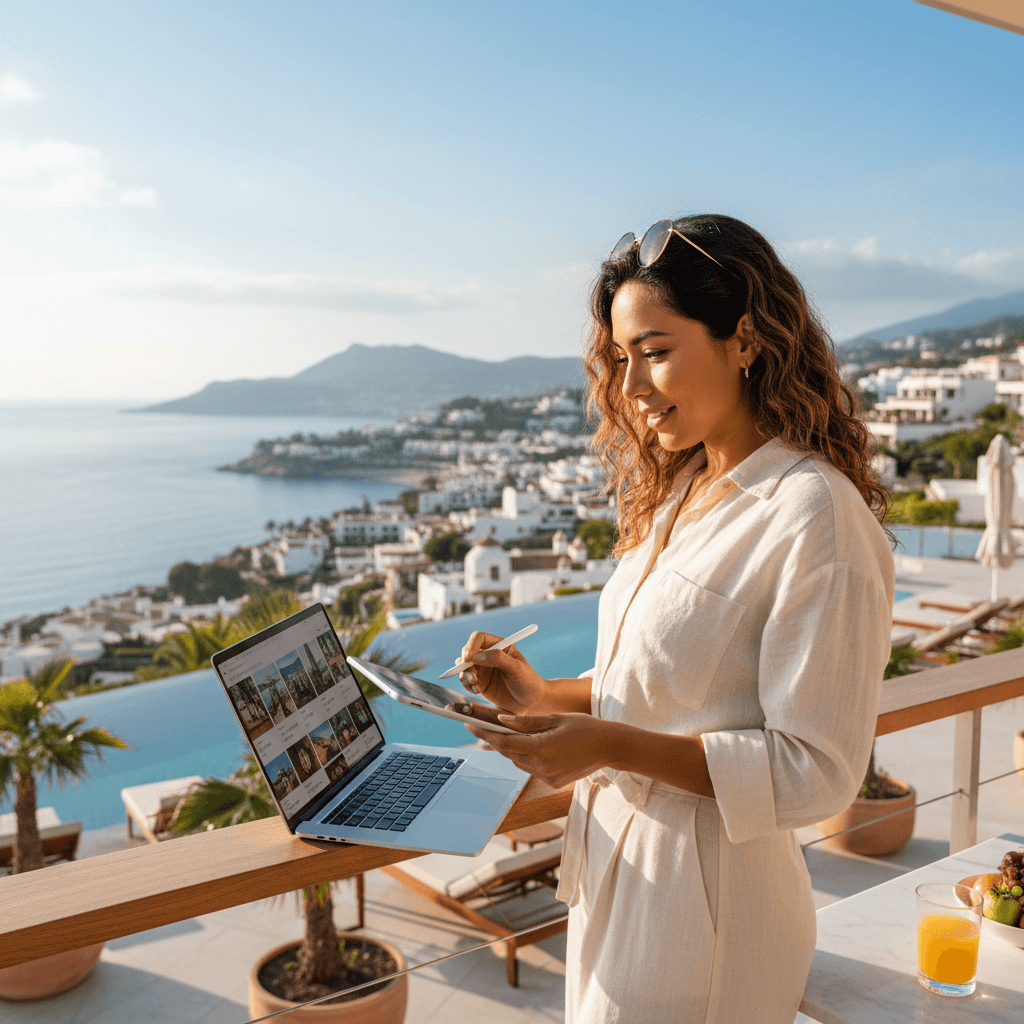 Influencer creator reviewing content at hotel