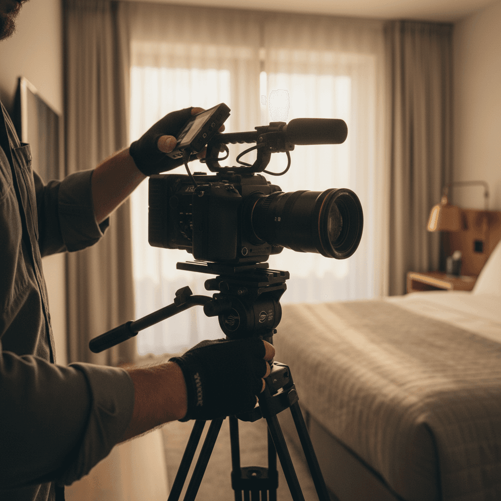 Videographer filming luxury hotel content with professional camera equipment
