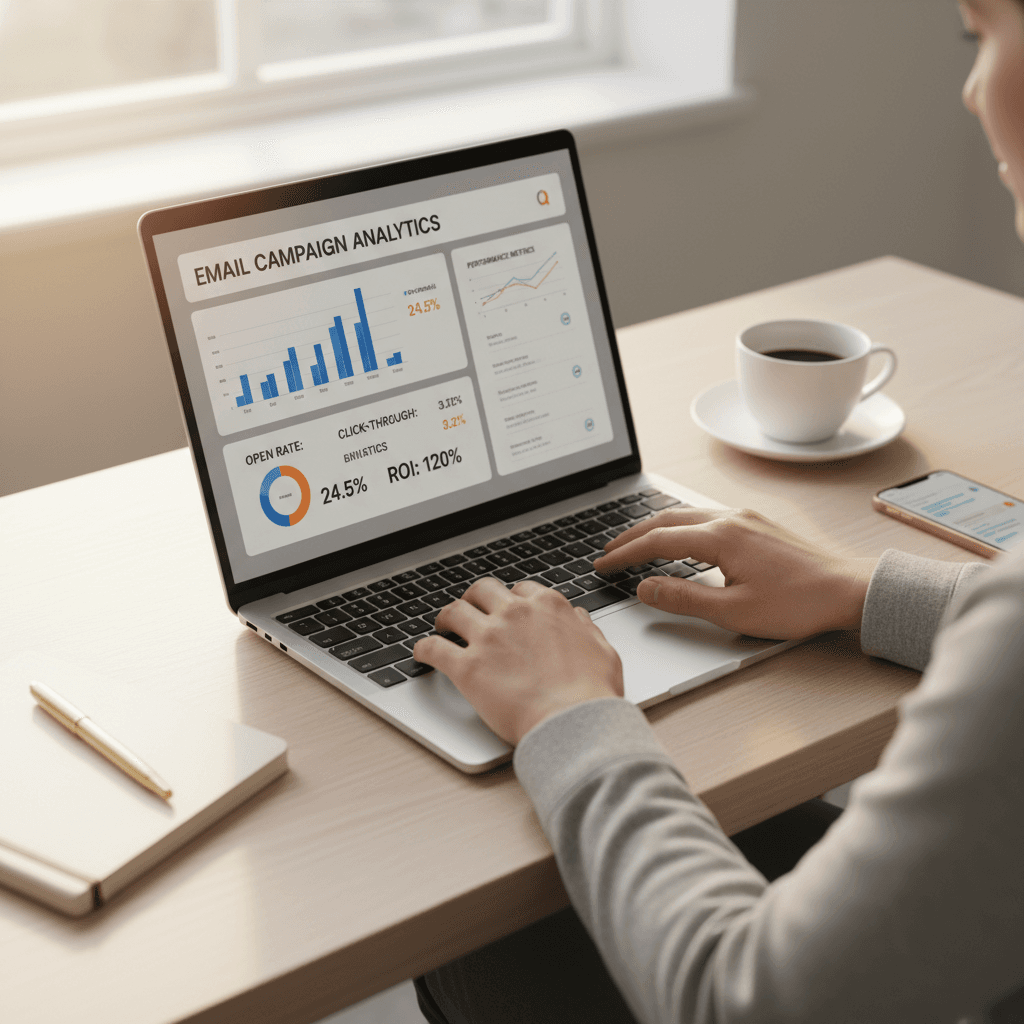 Marketing professional's hands typing on keyboard with email analytics displayed on laptop screen in bright, modern office