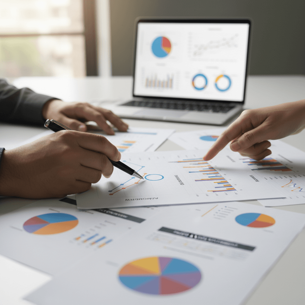 Two professionals' hands pointing at colorful analytics reports and performance metrics on table