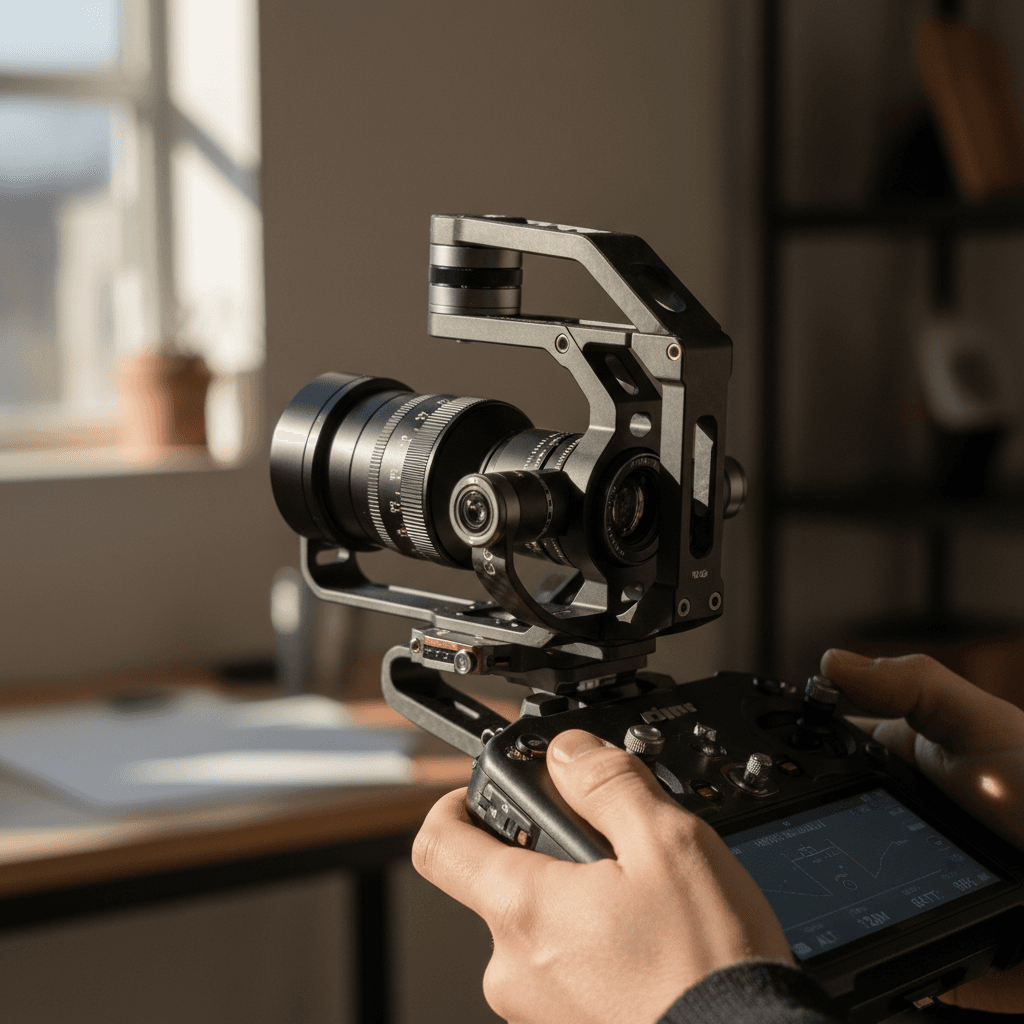 Close-up of professional drone camera gimbal and lens system with operator hands adjusting precision settings