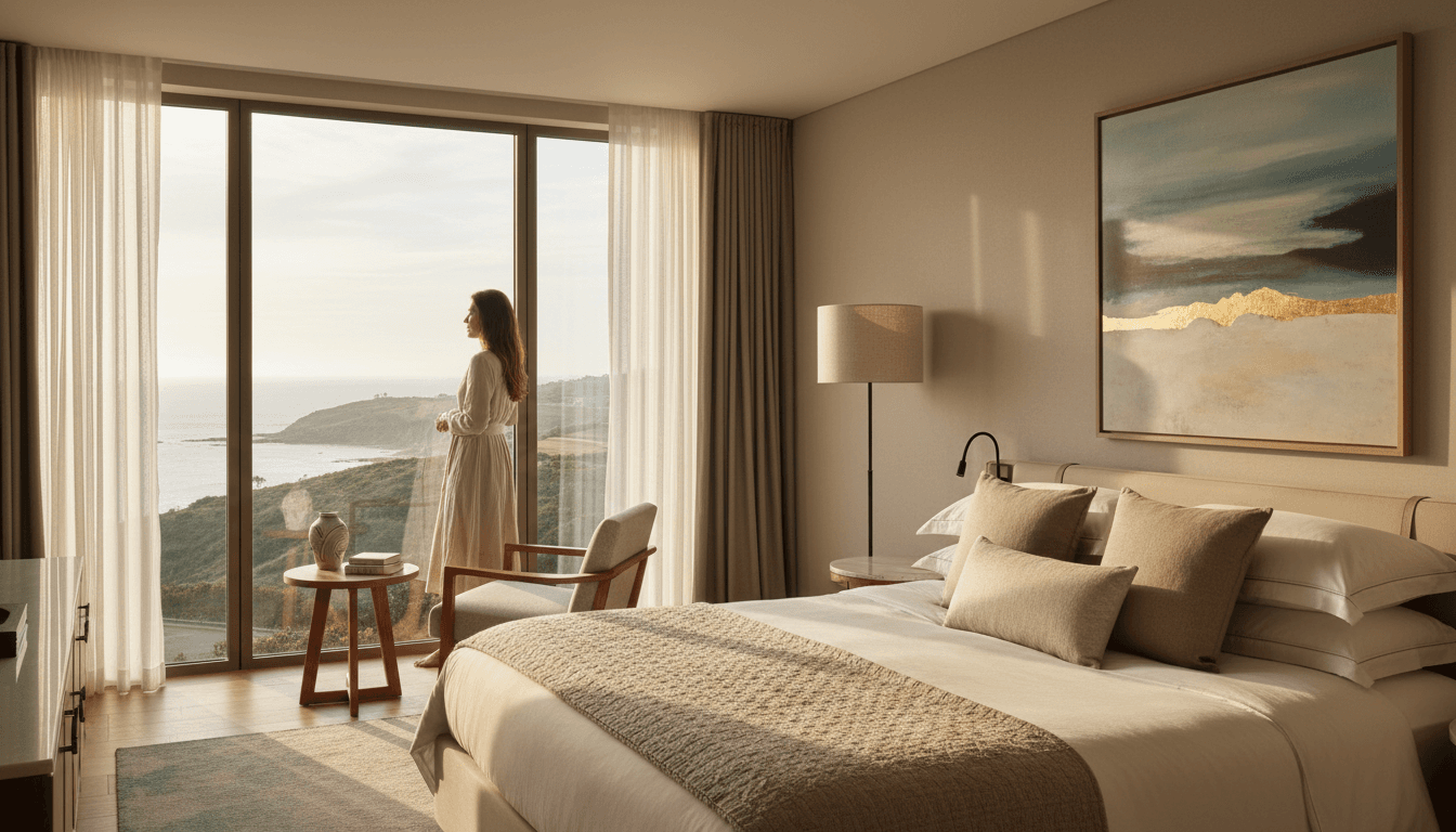 Luxurious coastal hotel guest room with sunlit windows, premium bedding, and refined furnishings overlooking ocean view.