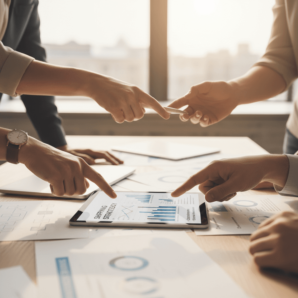 Diverse team hands collaborating on shipping strategy and carrier partnership documents together